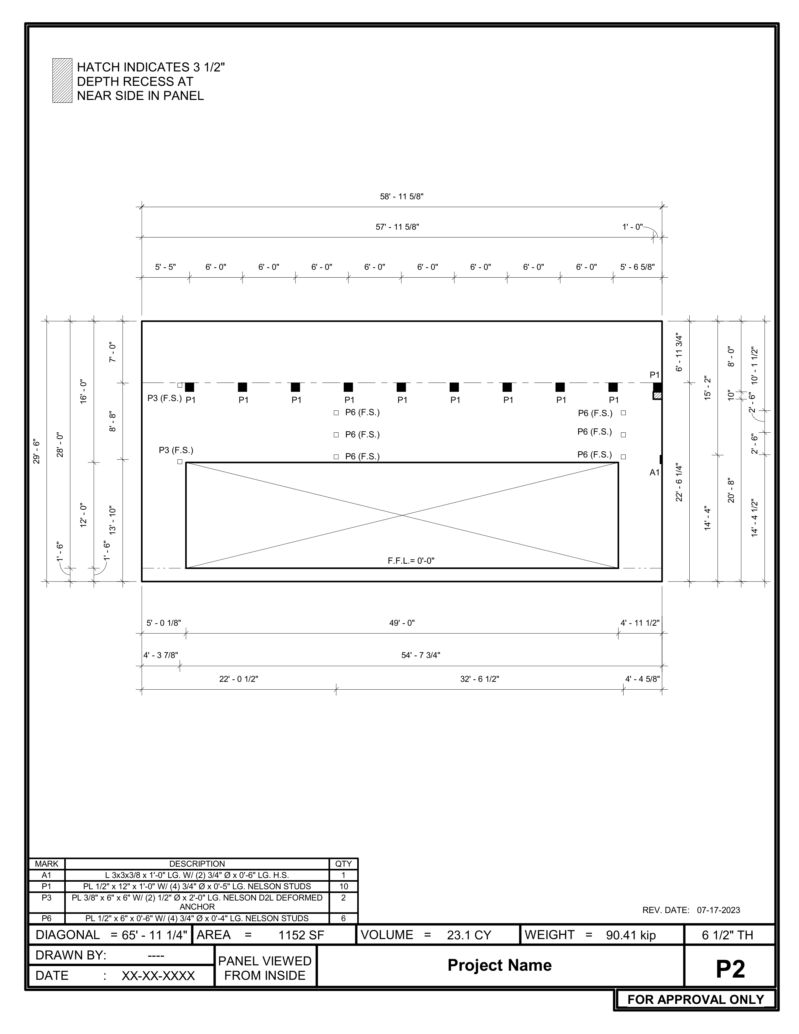 Tilt-Up panel P2 elevation with embed details and dimensions